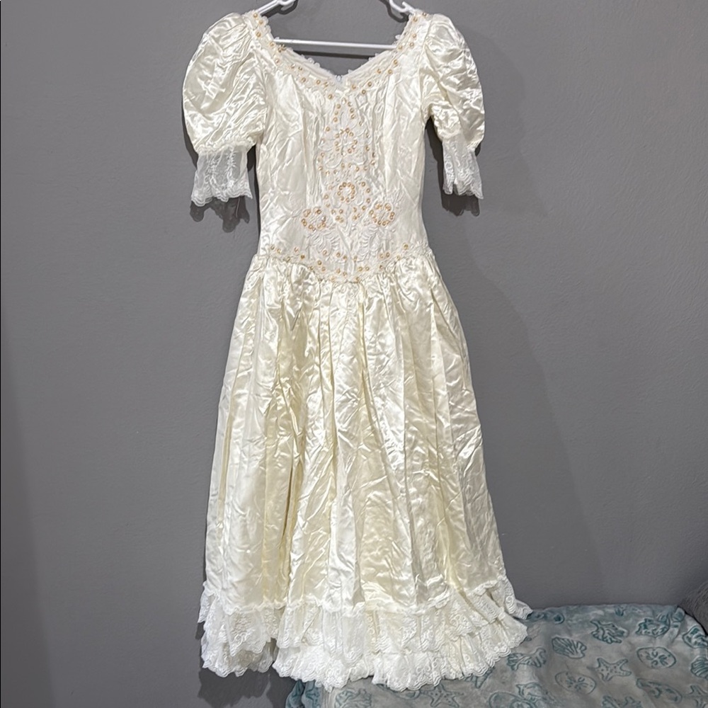 Vintage Victorian Edwardian 70s Ivory Lace beading layered Maxi wedding Dress